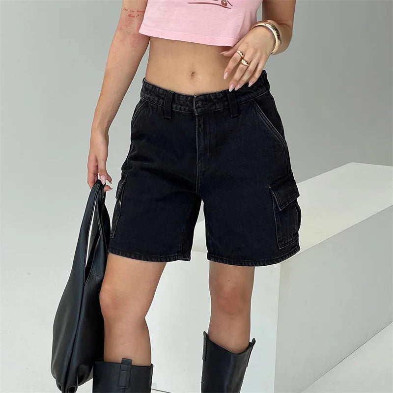 LIZAKOSHT  -  Denim Shorts y2k Clothes Women Summer Solid Color Zipper High Waist Loose Jeans Hot Pants Vacation Beach Streetwear