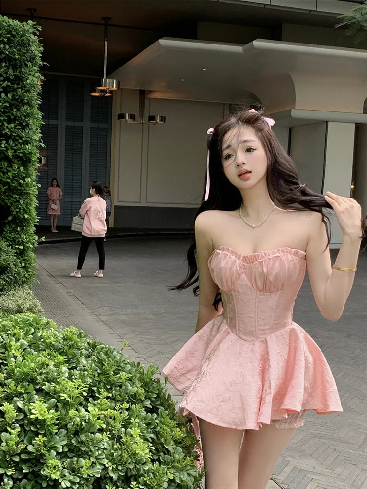 LIZAKOSHT  -  Women Sleeveless Off Shoulder Sweet Mini Dress Corset Boning Lace Jacquard Slim Fit Pink Sexy Strapless Summer Dress