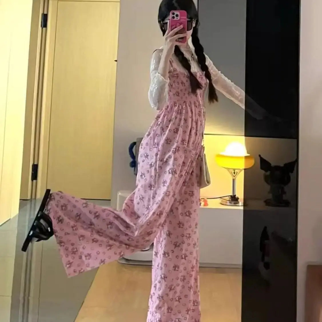 LIZAKOSHT  -  Braces Trousers Dopamine Pink Floral Fashion Women'S 2024 New Oversize Wide-Leg Casual Floor Mopping Pants Summer