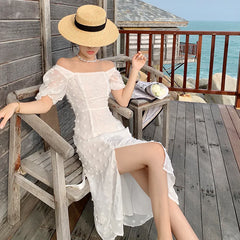 LIZAKOSHT  -  Women Summer White Backless Square Collar Dress Female Puff Sleeve Split Beach Dress Vestidos Simple Party Dress