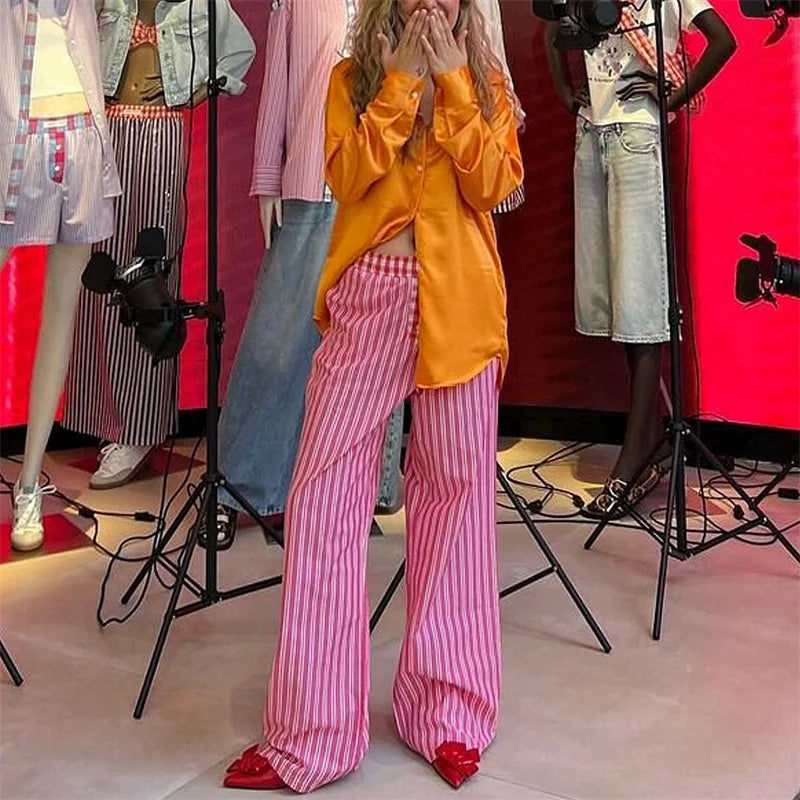 LIZAKOSHT  -  y2k Pants Women Chic Fashion Striped Contrast Color Elastic Waist Wide Leg Loose Trousers 2000s Sweatpants Streetwear