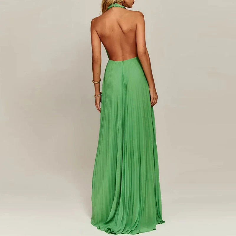 LIZAKOSHT  -  Chiffon Big Hem Party Dress Women Elegant Hollow Backless Full Length Maxi Dress Chic Draped Solid New Evening Dress Luxury