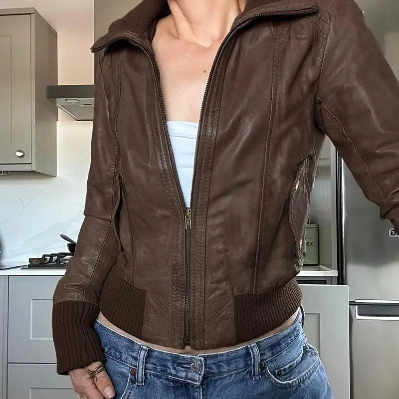 LIZAKOSHT  -  Streetwear Zip Up PU Leather Jacket For Women Motorcycle Style Pockets Brown Autumn Winter Coats Outwear Vintage New