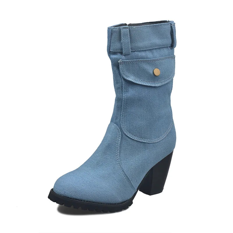 LIZAKOSHT  -  New Denim Mid Calf Boots,Ladies Short Booties,Winer Cotton Shoes,Botas,Block Heel,Side Zipper.Black,Blue,Size 35-43,Dropship