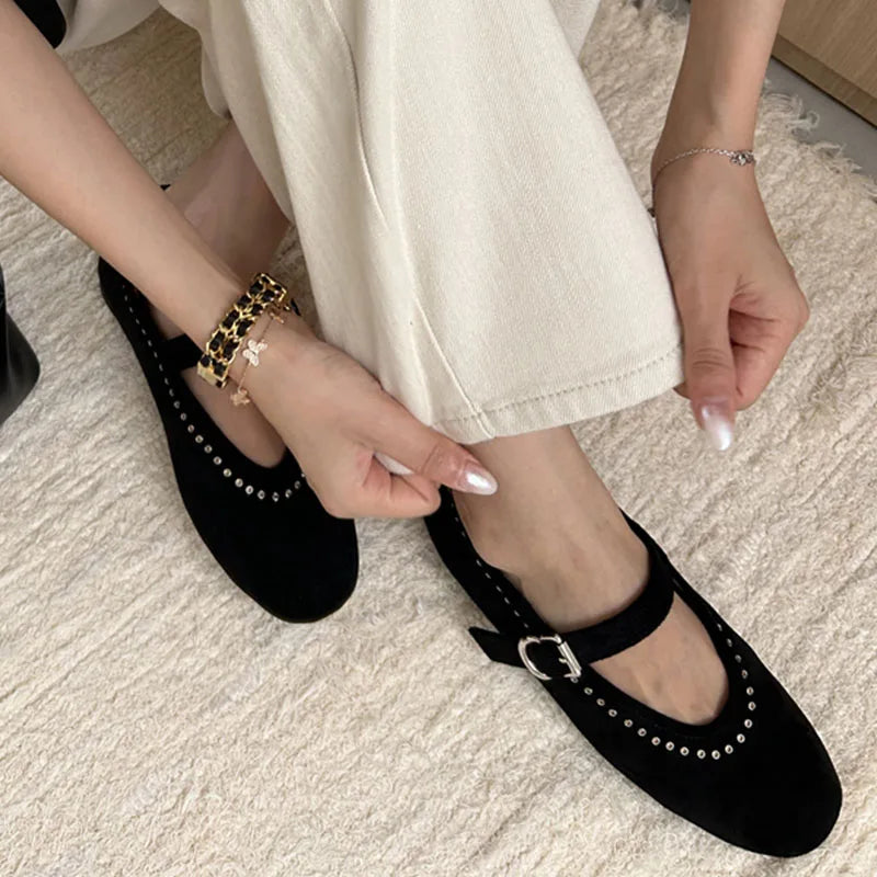 LIZAKOSHT  -  Round Toe Ladies Ballet Flats Back Strap Women Lolita Casual Outside Autumn Fashion Brand Rivet Shoes Suede Mary Jane Mujer