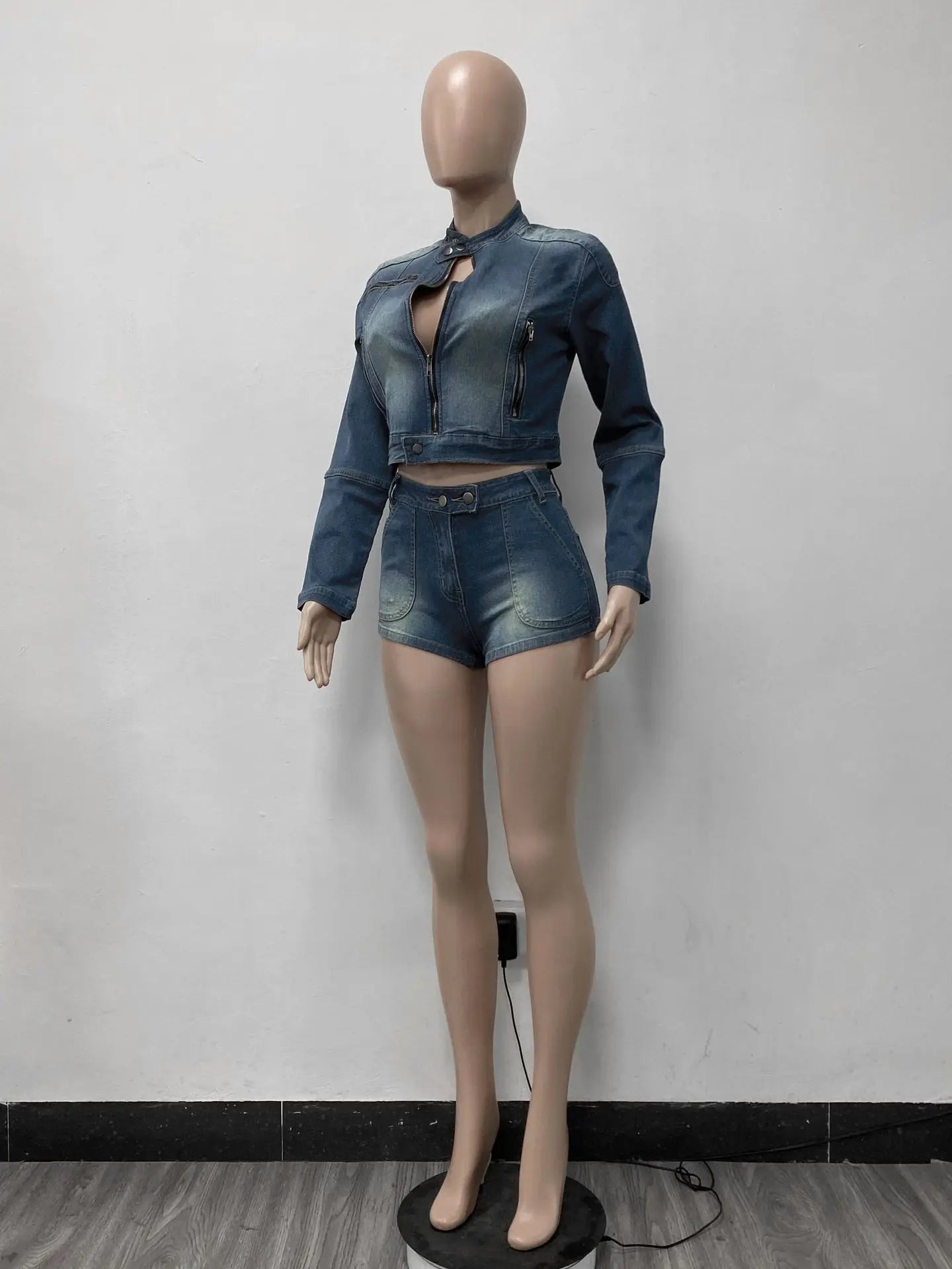 LIZAKOSHT  -  Stretch Denim Short 2 Piece Set Women 2024 New Spring Zipper Crop Top + Shorts Slim Clubwear Outfits Vintage Streetwear Suits