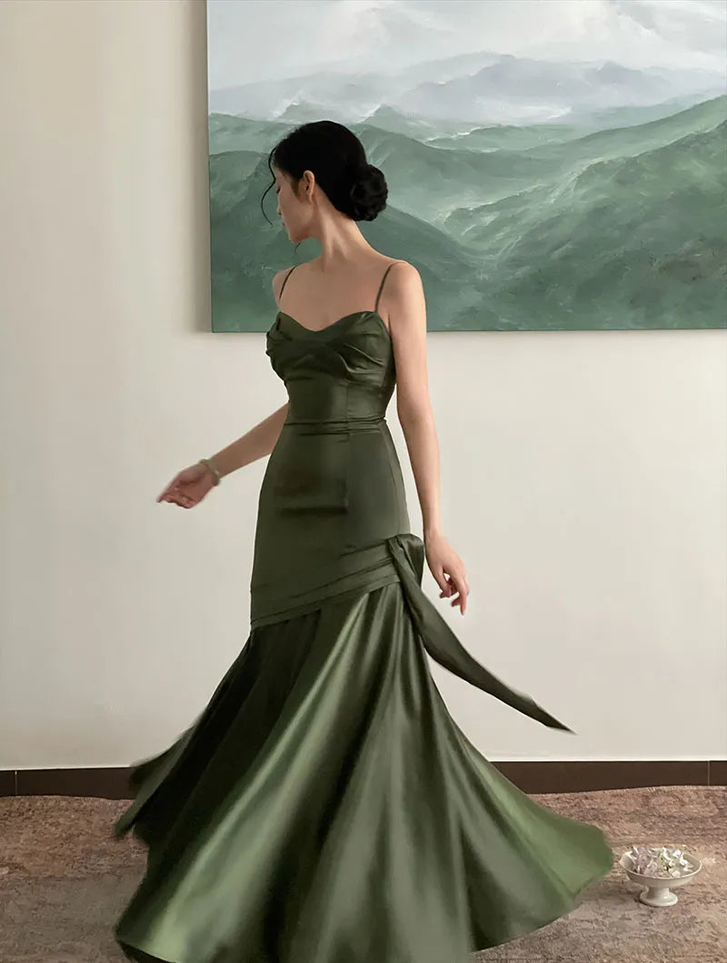 LIZAKOSHT -  Elegant Emerald Green Irregular Patchwork Evening Party Dress High Waist Spaghetti Strap Pleated Hem Prom Gown For Women