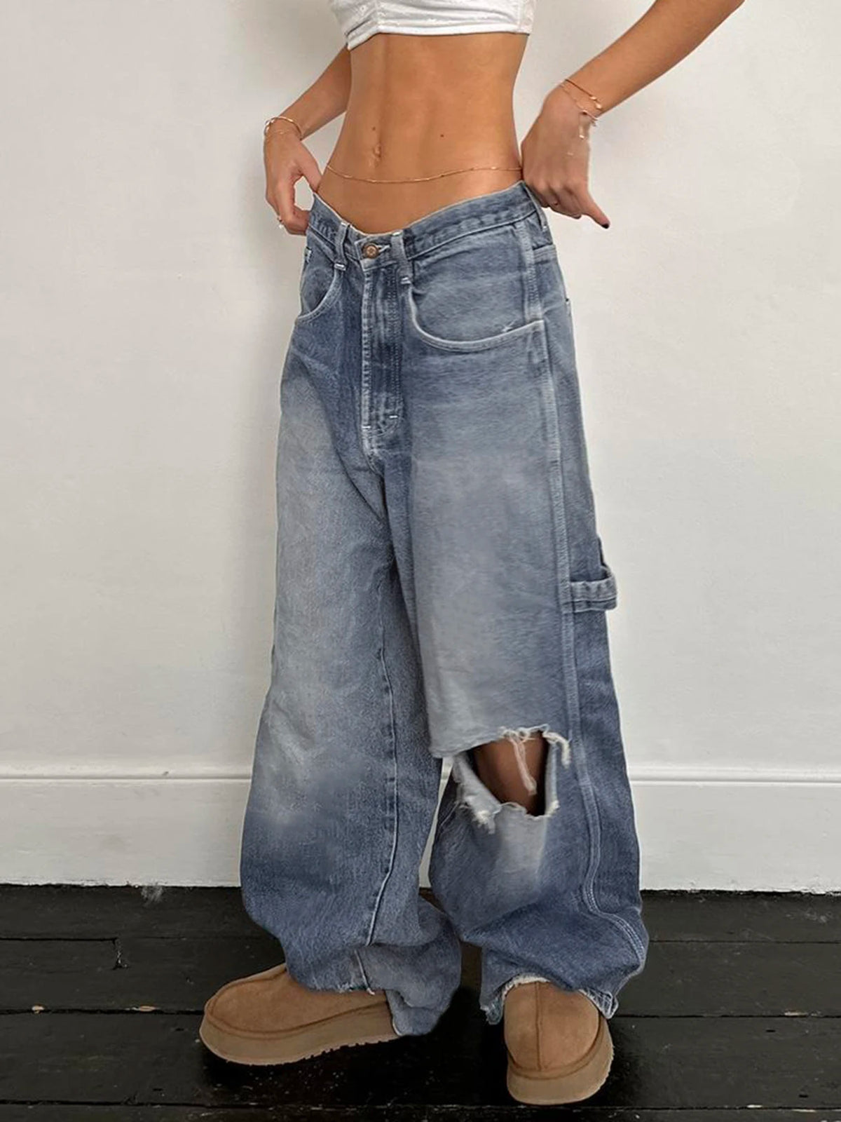 LIZAKOSHT  -  Ripped Women's Jeans Y2K Streetwear Baggy Straight Cargo Pants Punk Low Waist Wide Leg Denim Trousers 90s Vintage 2024