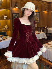 LIZAKOSHT  -  French Princess Velvet Dresses for Women Long Sleeves Patchwork Lace-up Ruffles A-line Birthday Party Dress Autumn New Vestidos