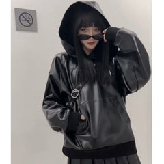 LIZAKOSHT -  Y2k Black PU Leather Hoodied Pleated Skirt Korean Fashion Harajuku Sweatshirt Women Hip Hop Streetwear Oversized Outerwear