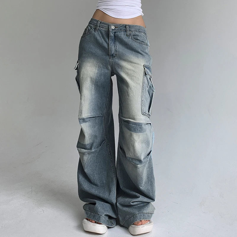 LIZAKOSHT  -  American Style Pleated Washed Parachute Jeans Women's High Waisted Loose Wide Leg Large Pocket Workwear Pants