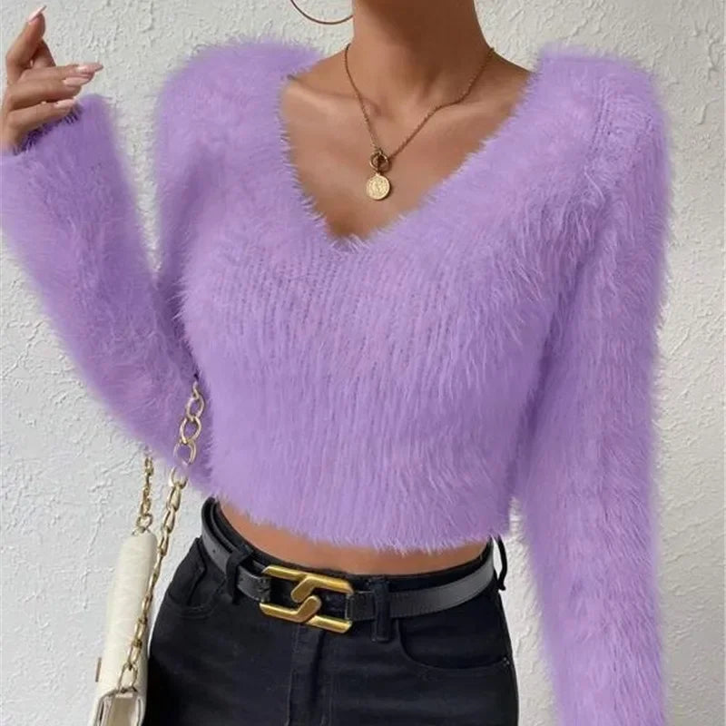 LIZAKOSHT  -  Autumn and Winter New Solid Color V-neck Slim Fit Versatile Plush Short Women's Sweater