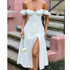 LIZAKOSHT  -  Sexy Off Shoulder Elegant White Dress For Women Sweet Lace Trim Short Sleeve Female Slit Hem  Midi Party Dresses Summer Robe