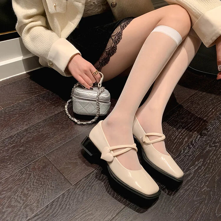 LIZAKOSHT  -  British Style Love Buckle Light Mouth Single Shoes Retro Square Head Leather High Heels Versatile Women's Shoes