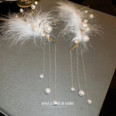 Lizakosht New Unusual Earrings Big White Feather Pearl Long Tassel Dangling Creative Clip Earrings For Women  No Perforation Party Jewelry