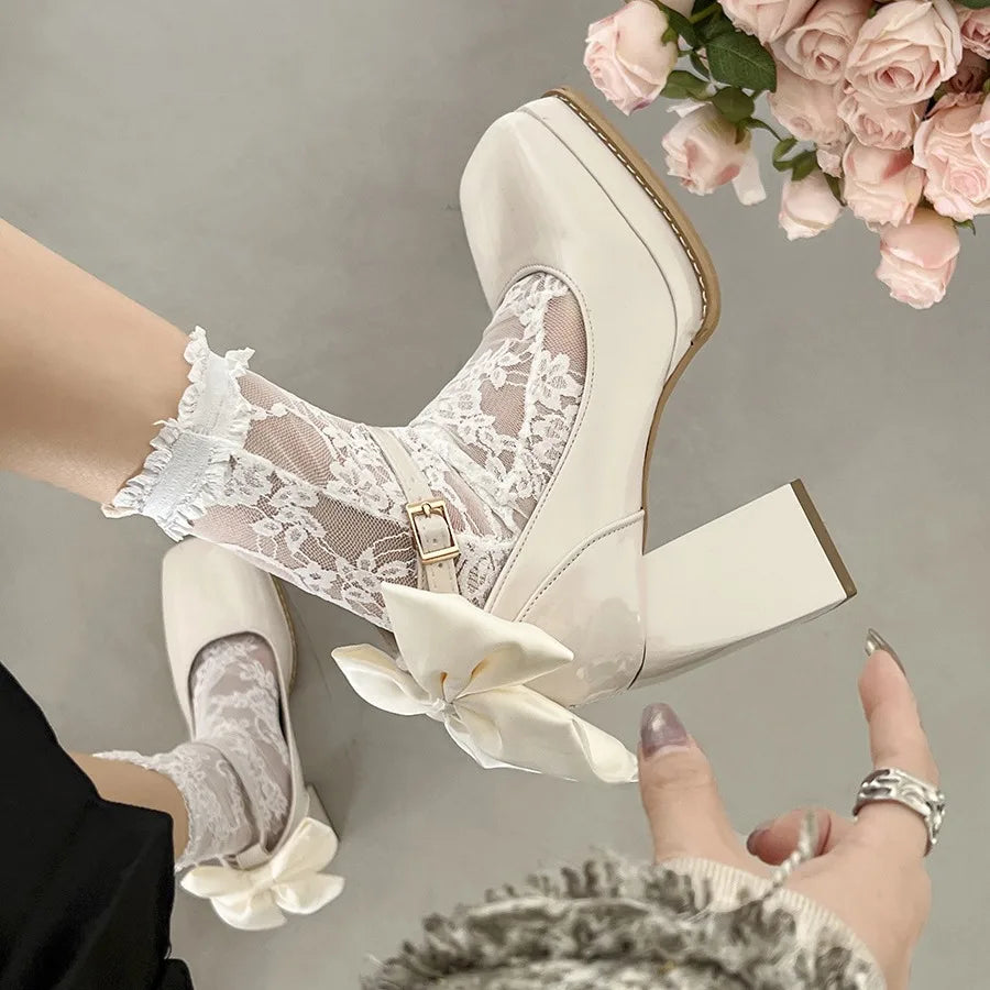 LIZAKOSHT  French block heel heels women's new autumn winter white vintage mary jane shoes  pumps women shoes