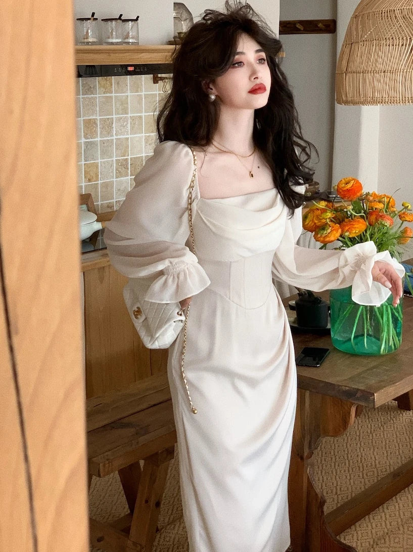 LIZAKOSHT  -  Vintage Wedding Party Midi Dresses for Women Spring New Square Collar Long Sleeves Elegant Fashion Evening Prom Female Clothing