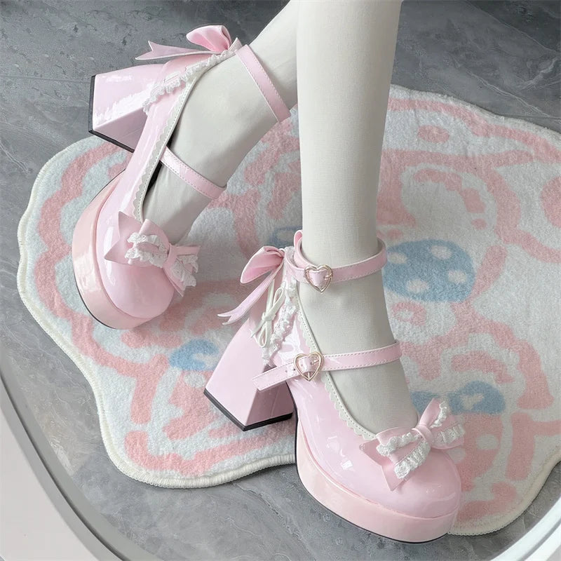 LIZAKOSHT  -  Lolita Lace Heart Knot Round Toe Shallow Mouth High Heels Cos Loli Elegant Student Shoes Japanese Girl Sweet Single Shoes