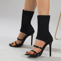 LIZAKOSHT -  Fashion Design Open Toe Elastic Boots Sandals Summer Slip-On Women Shoes Women Sexy White Cut-Out Thin High Heels Ankle Booties