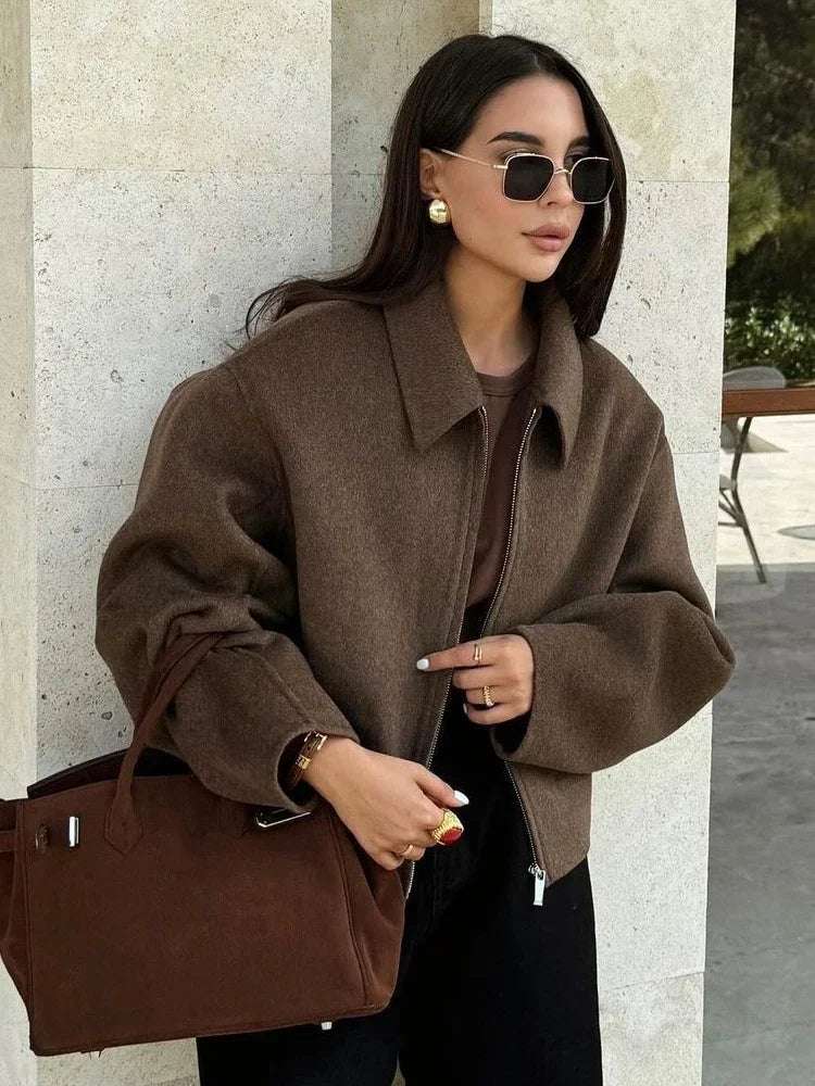 LIZAKOSHT  -  2025 Fashion Brown Zipper Woolen Jacket Women Elegant Lapel Long Sleeve Short Coats Female Vintage Autumn Lady Street Outerwear