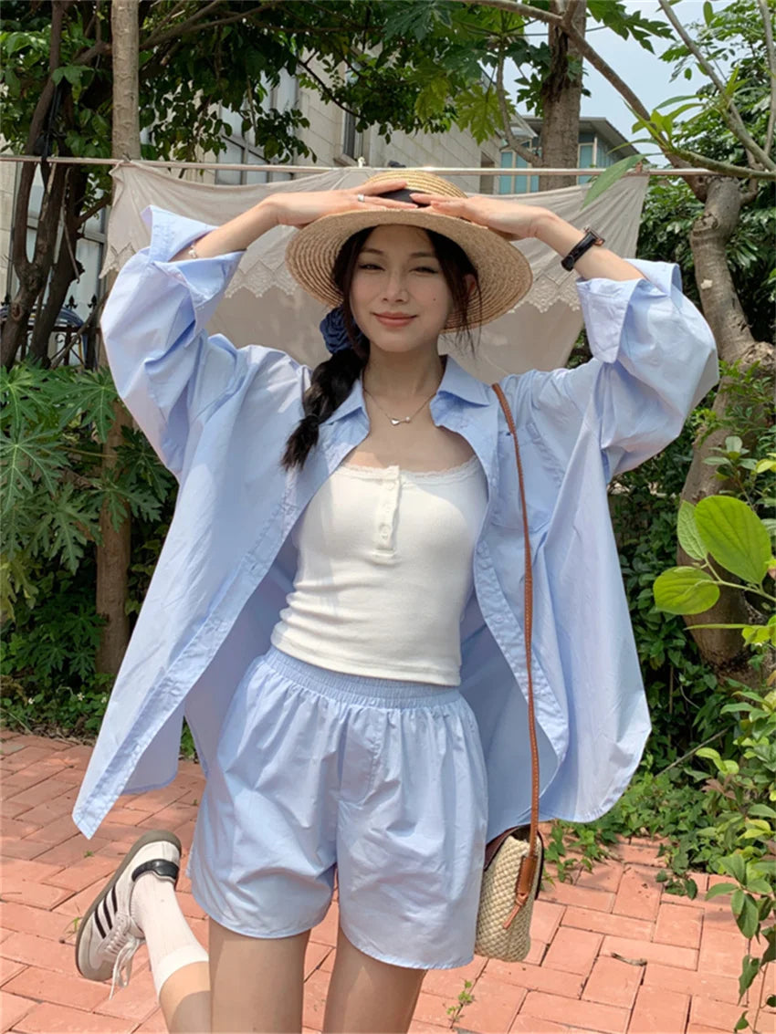 LIZAKOSHT  -  Office Lady Women Two Pieces Suits New Loose Vacation Shirts Summer Chic Slim Casual Shorts 2024 High Street Sets