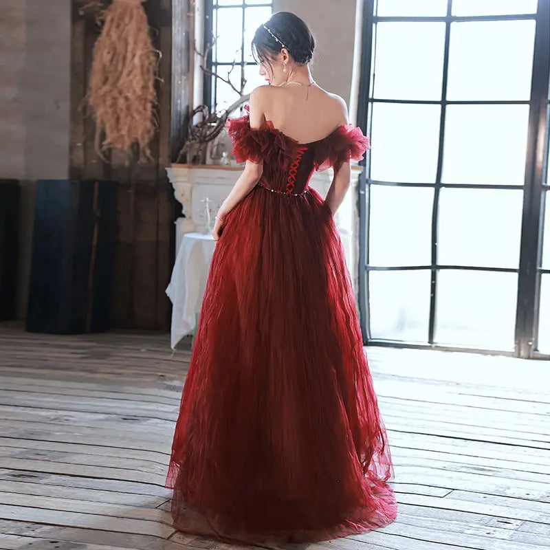 A Word Shoulder Fairy Red Boat Neck Evening Dresses Elegant Slim Waist Long Temperament Prom Robe Niche Wedding Party Dress