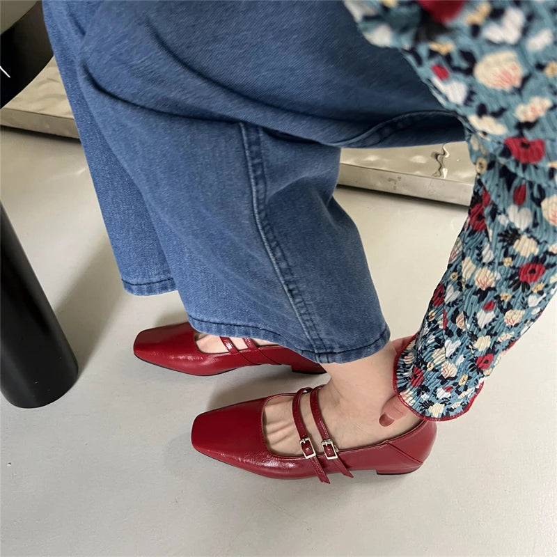 LIZAKOSHT Spring New Women Red Flat Shoes Fashion Square Toe Shallow Ladies Mary Jane Ballerinas Flat Heel Casual Ballet Shoes