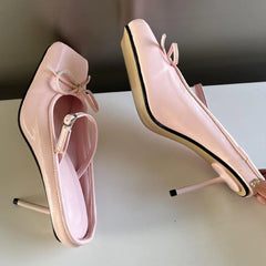 LIZAKOSHT  -  New Design Square Toe Mule Pumps Women Bow Heeled Ballet Shoes Buckle Strap Sexy Party Dress Shoes Thin High Heels Slipper Women