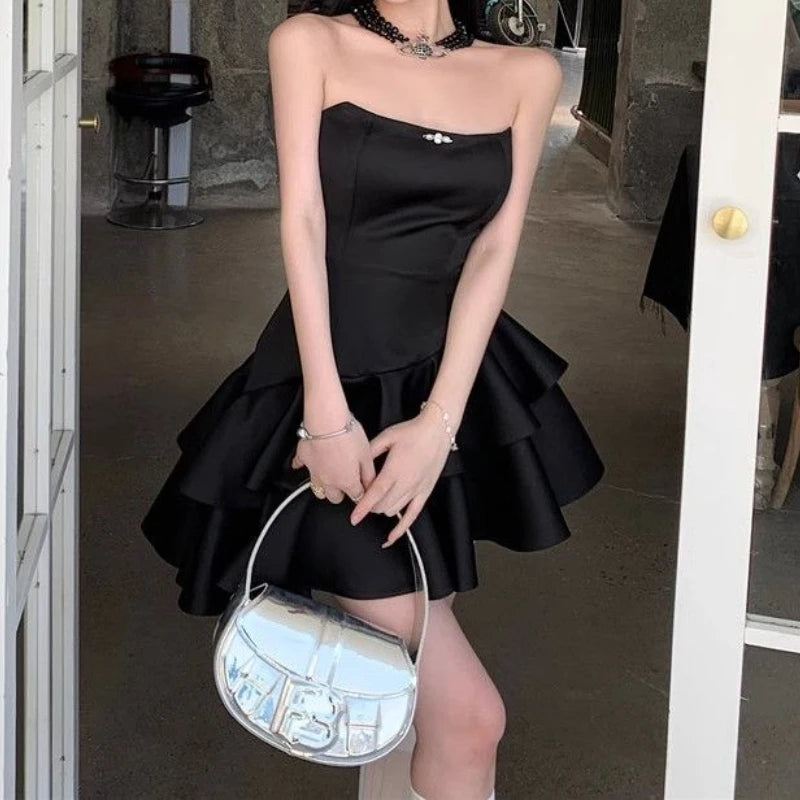 LIZAKOSHT  -  Black Strapless Sweet Satin Dresses Woman Mini Sleeveless Short Dress Coquette Aesthetic Ruffle Bodycone Summer Chic