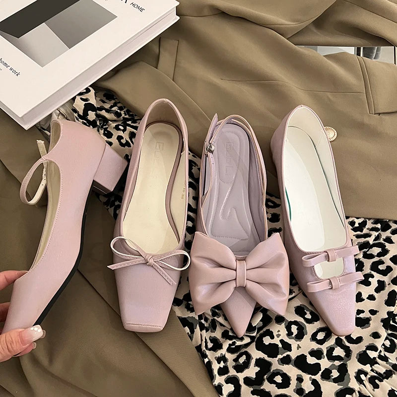 LIZAKOSHT Summer New Purple Fashion Pointed Toe Slingback Shoes Brand Bow-knot Shallow Slip Mules Shoes Ladies Flat Dress Sandals