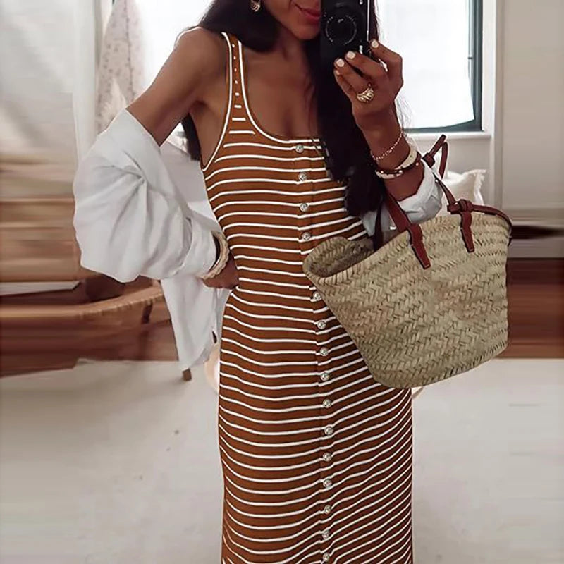 LIZAKOSHT  -  Lady Casual Striped Stitching Slim Dresses All Match  Sleeveless U-Neck Summer Long Dress Elegant Women Buttoned Beach Dress