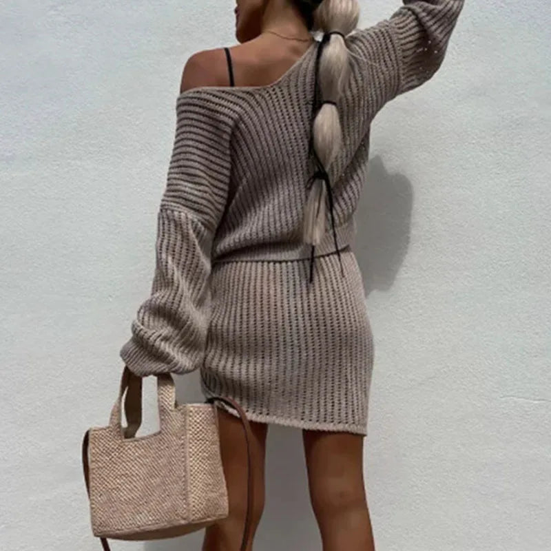 LIZAKOSHT  -  Sexy Drawstring Beach Knit Outfits 2024 Women Solid Navel Long Sleeve Pullover&Mini Skirt Set Asymmetric Two Piece Dresses Suit