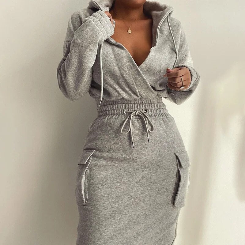 Lizakosht Christmas Autumn Winter Casual Long Sleeve V Neck Lowcut Grey Dress Flap Detail Drawstring Waist Hooded Sweatshirt Dress