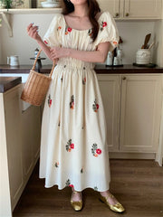 LIZAKOSHT  -  Beige Women Long Dress Florals Embroidery Fashion Summer Holiday Puff Sleeve Princess Sweet Chic Elegant Daily