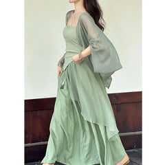 LIZAKOSHT  -  Retro Women 3PCS Dress Set Green Hanfu Suit Summer New Chinese Style Qipao DressMesh Cardigan Strap Vestidos Cheongsams Costumes