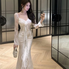 LIZAKOSHT  -  Elegant Bodycon Lace Midi Dresses for Women Square Collar Slim Waist Flare Collar Mermaid Evening Party Dress Prom Robe New