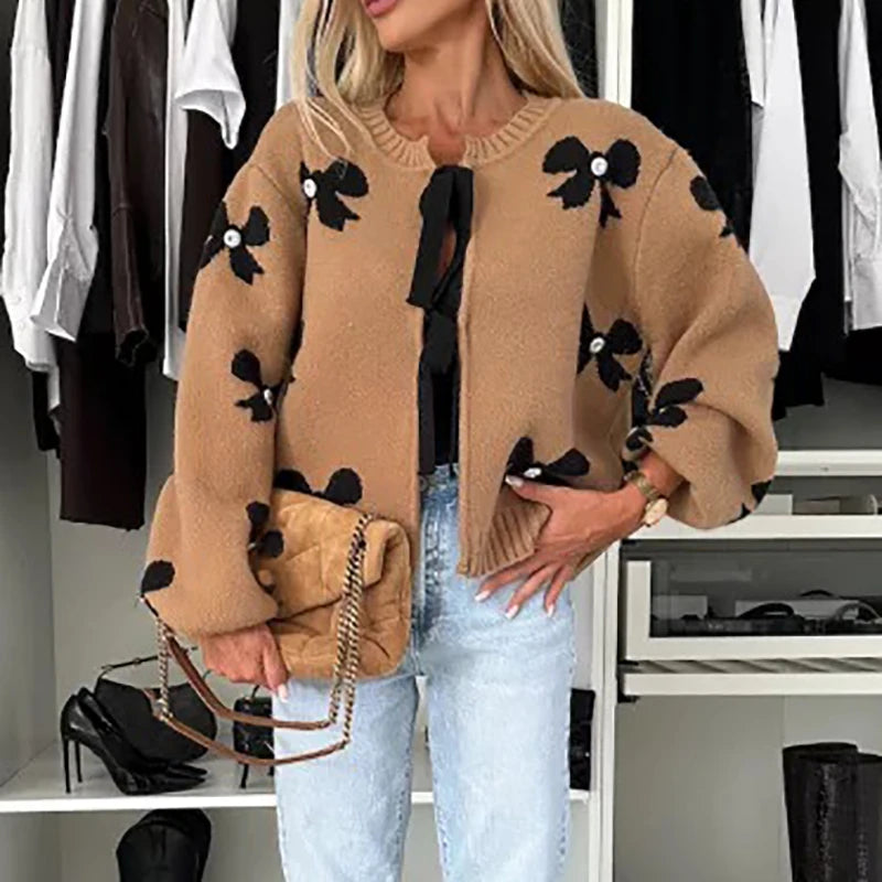 LIZAKOSHT  -  Lady Elegant Long Sleeve Commuter Sweater New Winter Fashion Butterfly Knot Printed Sweater Casual O Neck Lace Up Loose Cardigan