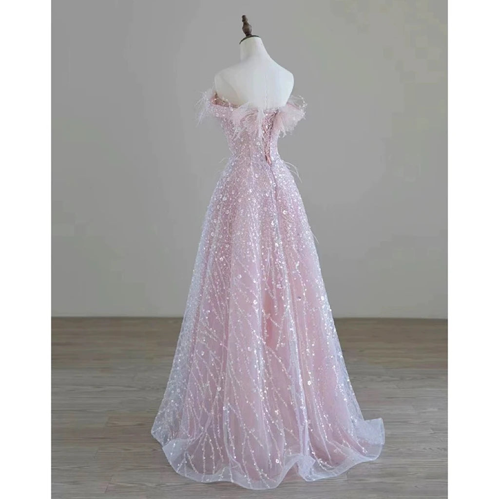 LIZAKOSHT  -  Elegant Pink Bridesmaid Dresses Feather Bow Beading Sequins Pearls Applique Strapless Long A-line Wedding Party Prom Gowns New