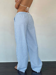 LIZAKOSHT  -  Women Casual Wide Leg Pants Drawstring Elastic Waist Plaid Print/Solid Color Pockets Long Pants Cozy Spring Fall Lounge Trousers