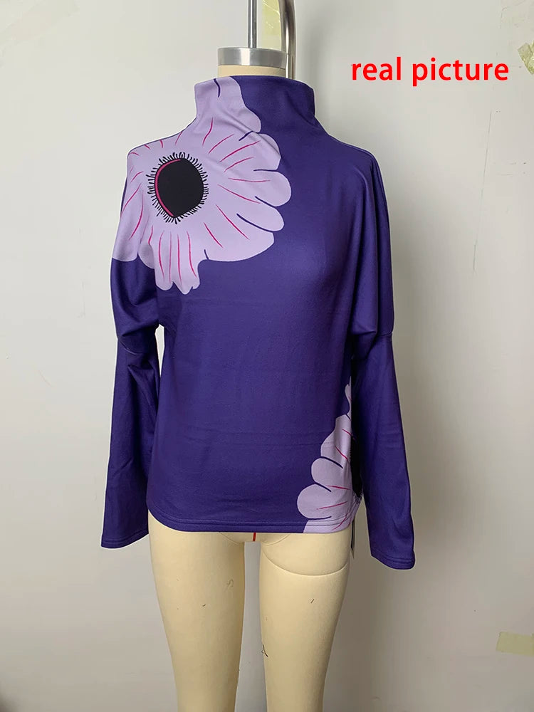 LIZAKOSHT  -  Female High Neck Tops New Stylish Flower Printed Elegant Purple Spring Autumn Long Sleeve Korean Casual T-Shirts