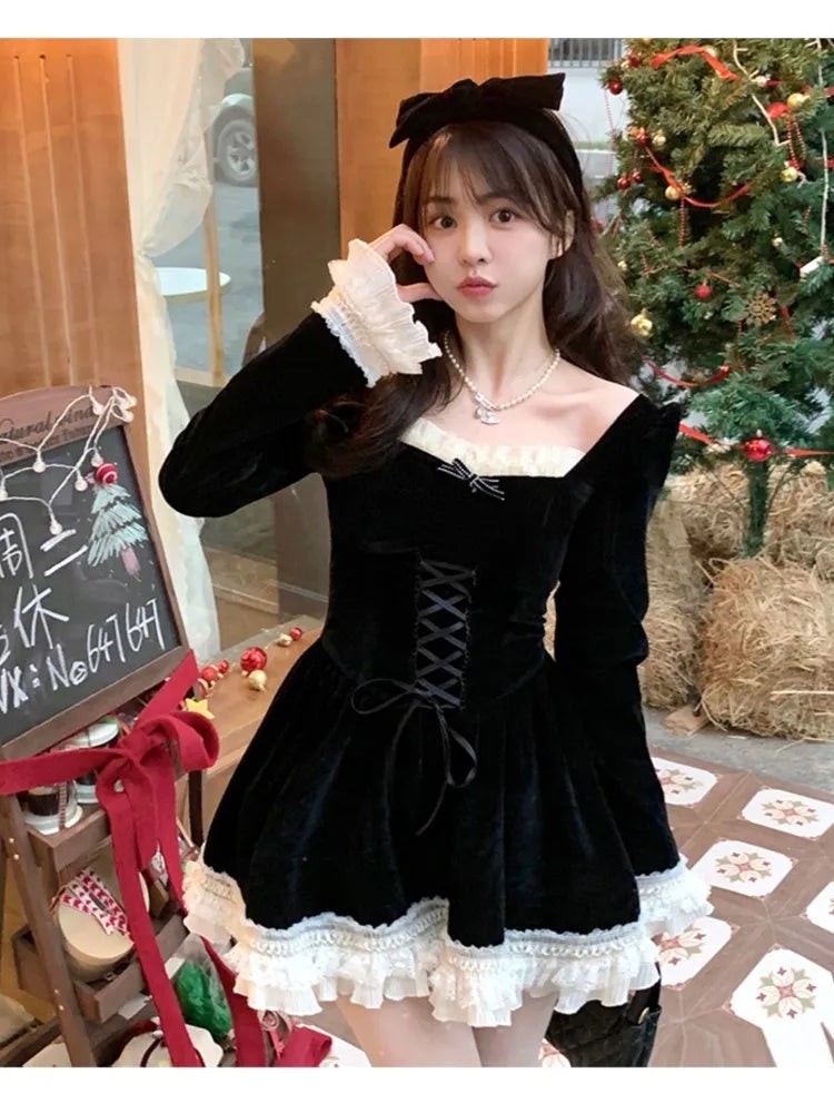 LIZAKOSHT  -  French Princess Velvet Dresses for Women Long Sleeves Patchwork Lace-up Ruffles A-line Birthday Party Dress Autumn New Vestidos