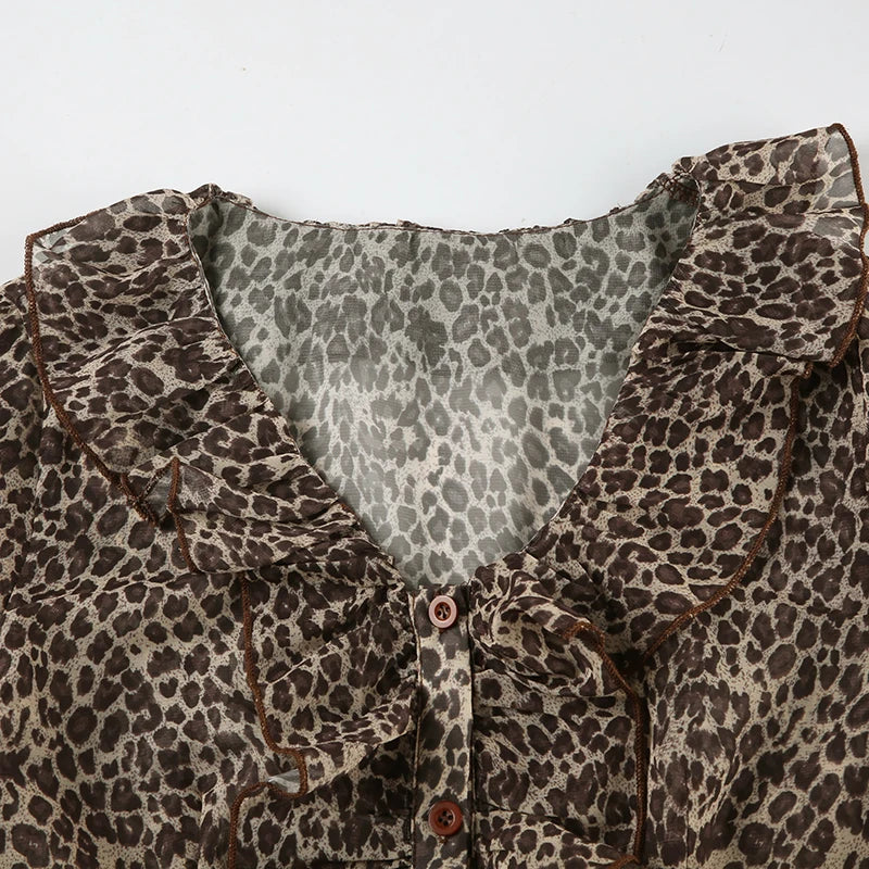 LIZAKOSHT  -  Sexy Leopard Chiffon Blouses for Women Ruffles Design Long Sleeve Tops Fashion Vintage Blouse Shirts Holiday Vacation