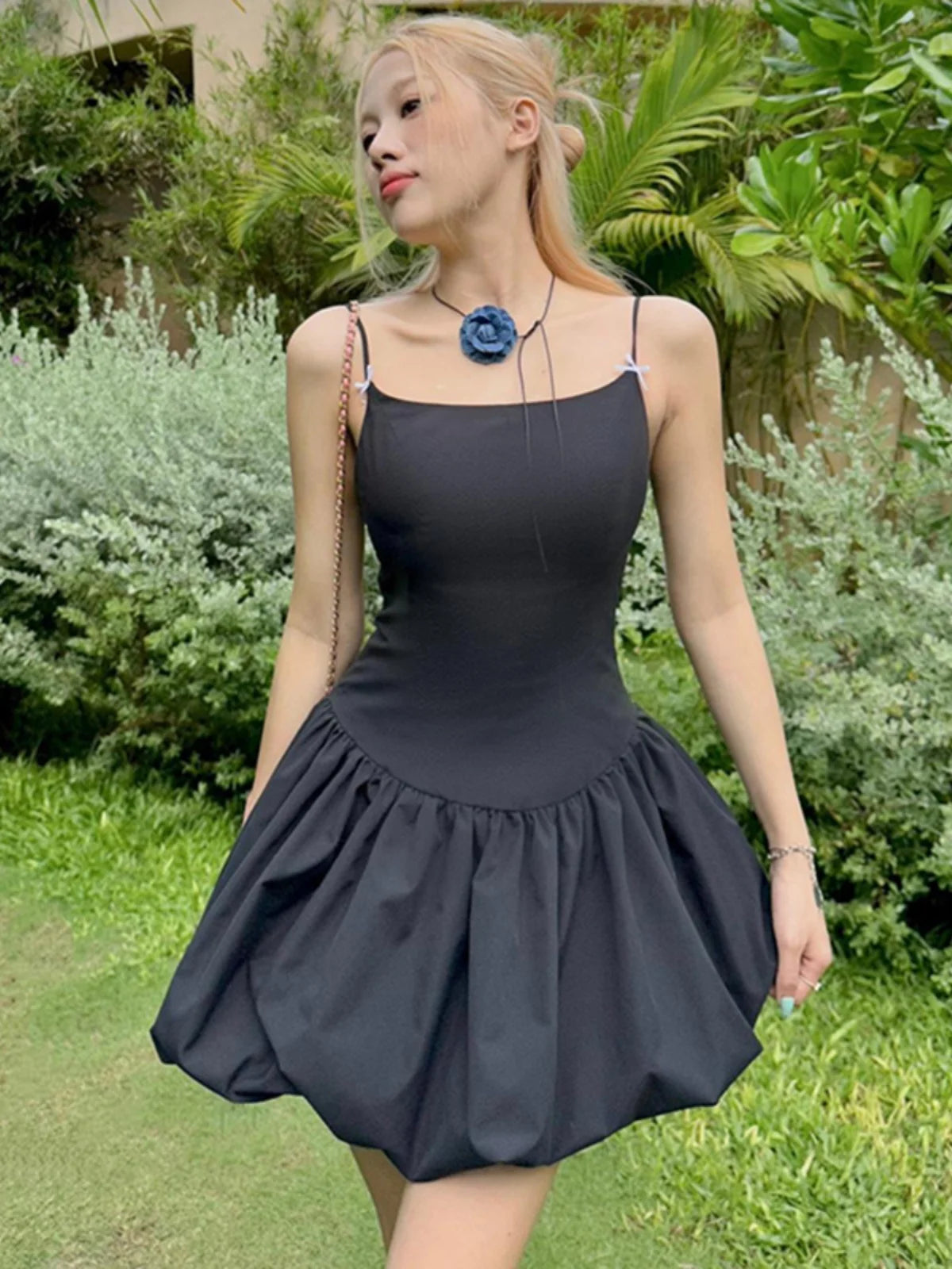 LIZAKOSHT  -  Princess Fashionable, Simple, and High End Waist Wrapped Small Black Dress French Flower Bud Sling Dress Trendy