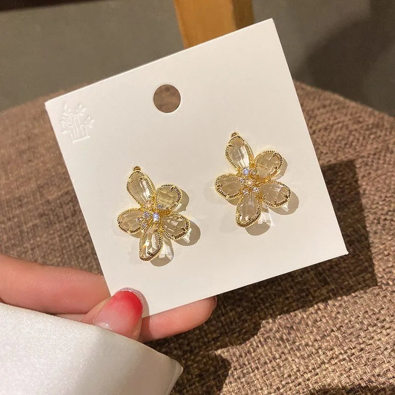 LIZAKOSHT Purple Green Clear Crystal Flower Earrings 2023 Gold Color Metal Flowers Petal Big Drop Dangle Earrings for Women Gifts