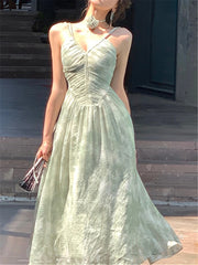 Lizakosht Midi Dress Women Elegant Summer 2023 New Fashion Evening Lady Vintage Sleeveless Sexy Beach Dresses Female Slim Green Clothes