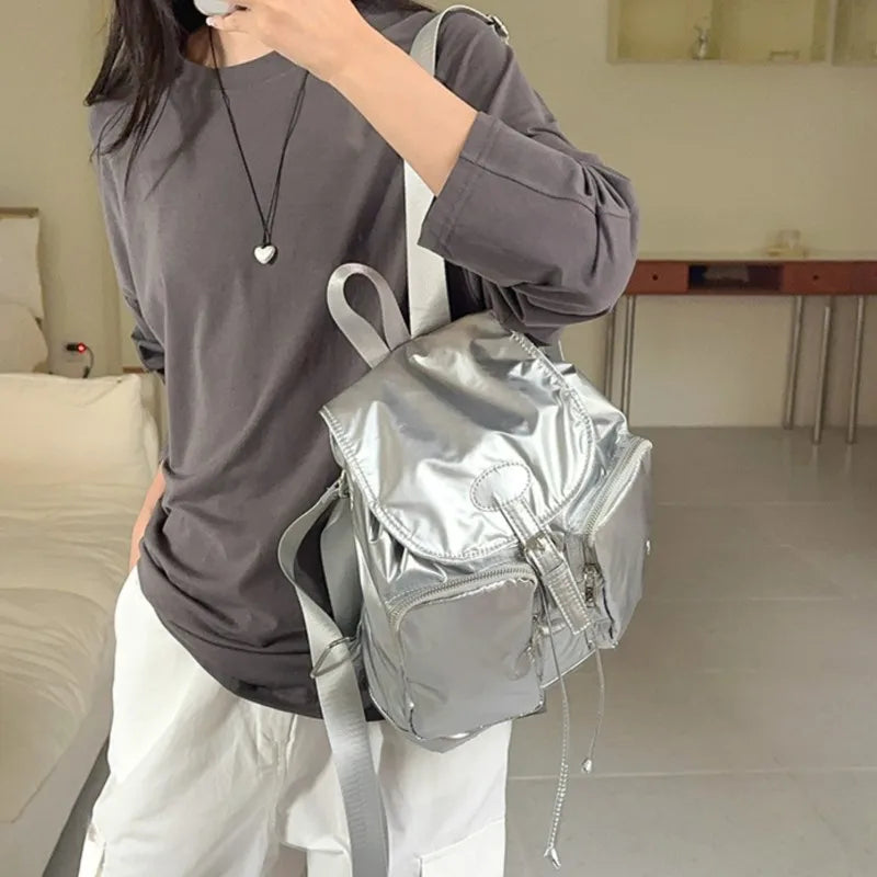 LIZAKOSHT  -  New Casual Silver Backpack Women Korean Flip Drawstring Large Capacity Backpacks Fashion Simple Travel College Student Bags