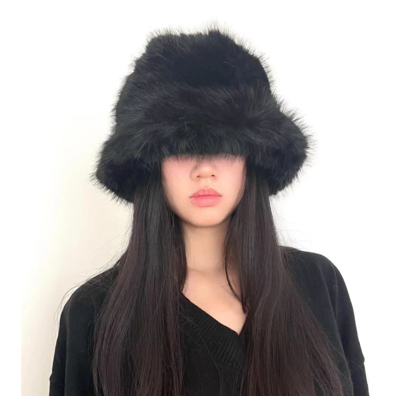 Lizakosht y2k Fluffy Faux Fur Bucket Hat Women Rabbit Fur Warm Thick Plush Winter Hat Lady Luxury Fashion Furry Panama Fisherman Cap