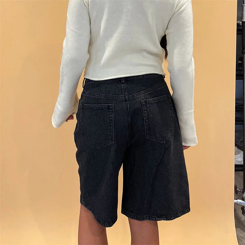 LIZAKOSHT  -  Jeans Shorts y2k Clothes Women Solid Color High Waist Loose Denim Hot Pants with Pockets 2000s Clothing Streetwear