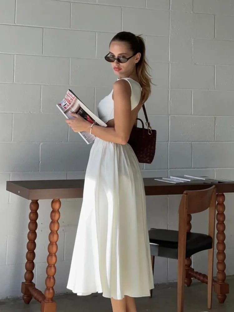 LIZAKOSHT  -  Elegant Backless Women White Sleeveless Midi Dress Fashion Slim O-neck Pleated Hem A-line Dresses Summer Female Chic Party Robes