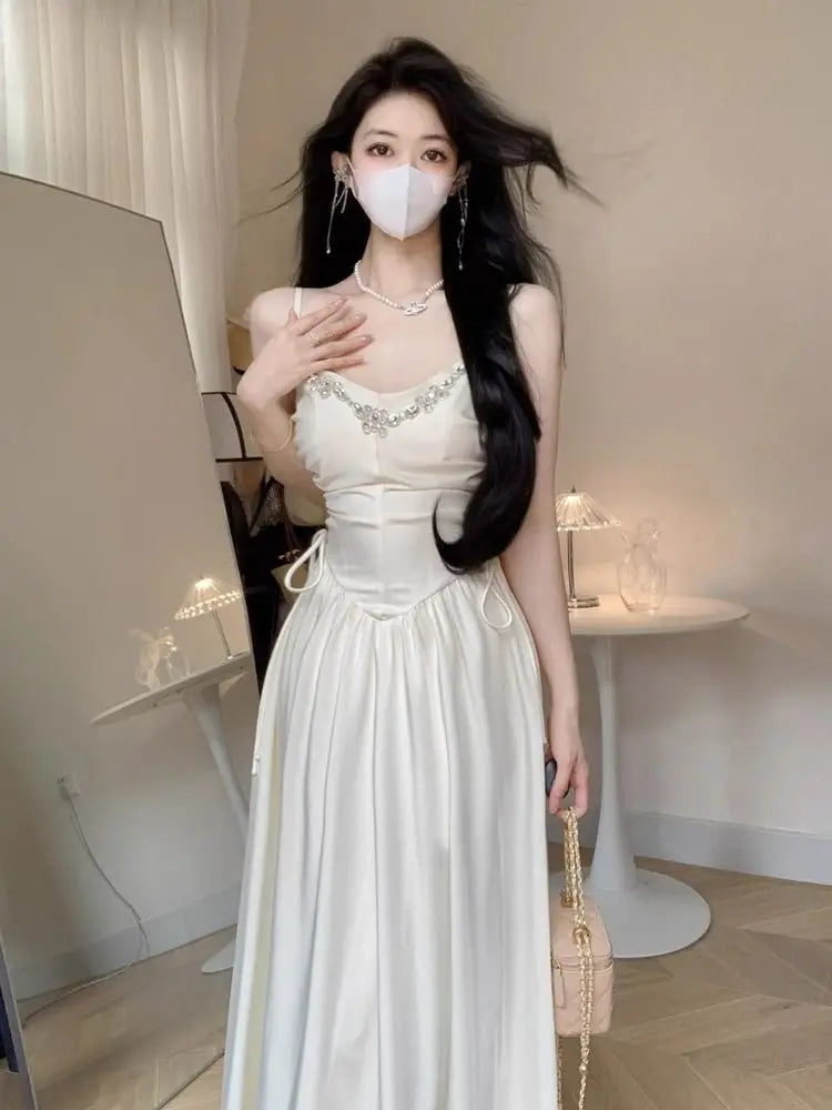 LIZAKOSHT  -  Elegant Evening Party Dresses for Women White Long Sleeveless Bodycone Dress Korean Midi Vintage Sweet Dress Chic